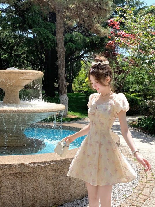 Q Girl's Home Sweet Pear Little Apricot Flower/French Yellow Floral Short Sleeve Dress Small Summer Beautiful Little Dress