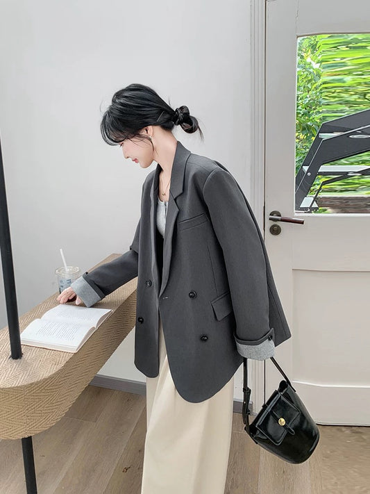 Gray Korean style fashion temperament double-breasted suit jacket women autumn 2025 new loose slim versatile suit