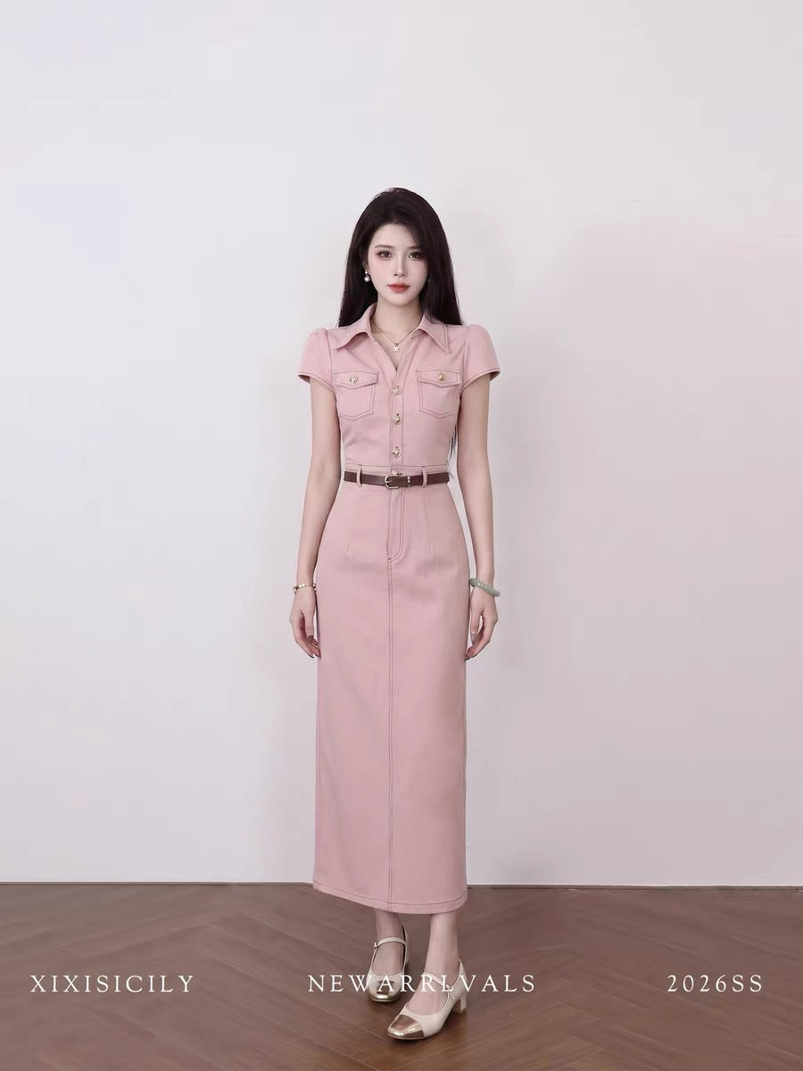 Sicily's French-style pink dress, a summer slim-fit long dress, exudes a sophisticated and intelligent vibe, perfect for commuting.