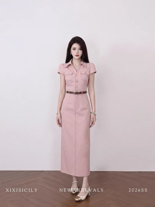 Sicily's French-style pink dress, a summer slim-fit long dress, exudes a sophisticated and intelligent vibe, perfect for commuting.