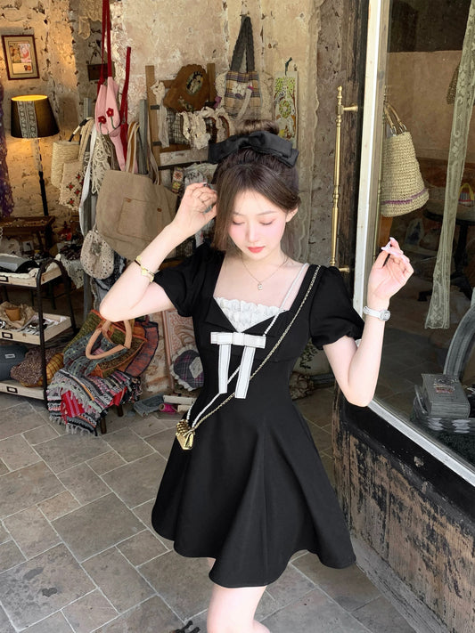 Q female home ancient new noble / miu series rich daughter feeling Hepburn style black dress female summer bow short skirt