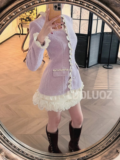 LUOLUOZ [Romantic Aesthetics] Wool Trim Fashion Waist-Defining Coat + Skirt Two-Piece Set CC259