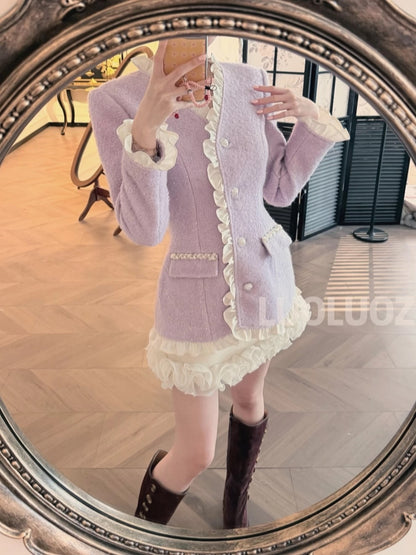 LUOLUOZ [Romantic Aesthetics] Wool Trim Fashion Waist-Defining Coat + Skirt Two-Piece Set CC259
