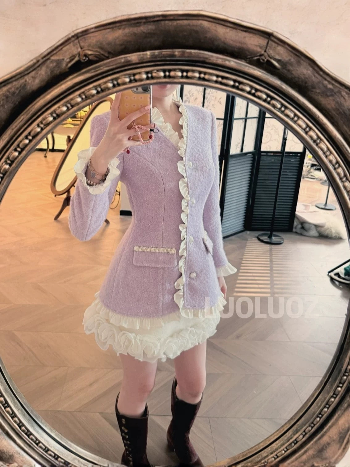 LUOLUOZ [Romantic Aesthetics] Wool Trim Fashion Waist-Defining Coat + Skirt Two-Piece Set CC259