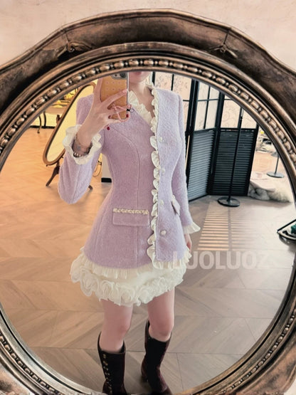LUOLUOZ [Romantic Aesthetics] Wool Trim Fashion Waist-Defining Coat + Skirt Two-Piece Set CC259