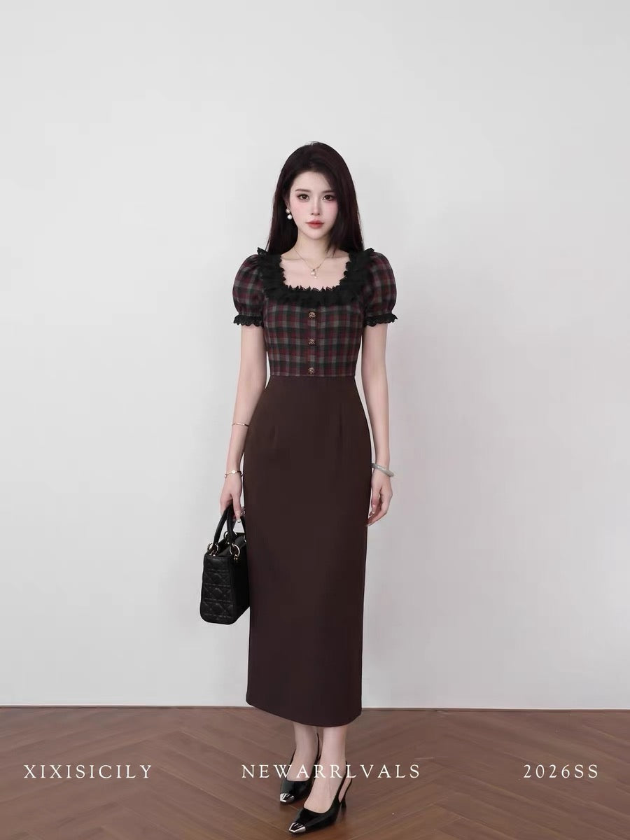 Sicily French Retro Plaid Patchwork Dress for Women, Summer, Square Neck, Slim Waist, Stunning Long Dress