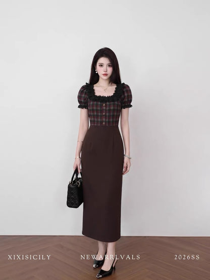 Sicily French Retro Plaid Patchwork Dress for Women, Summer, Square Neck, Slim Waist, Stunning Long Dress