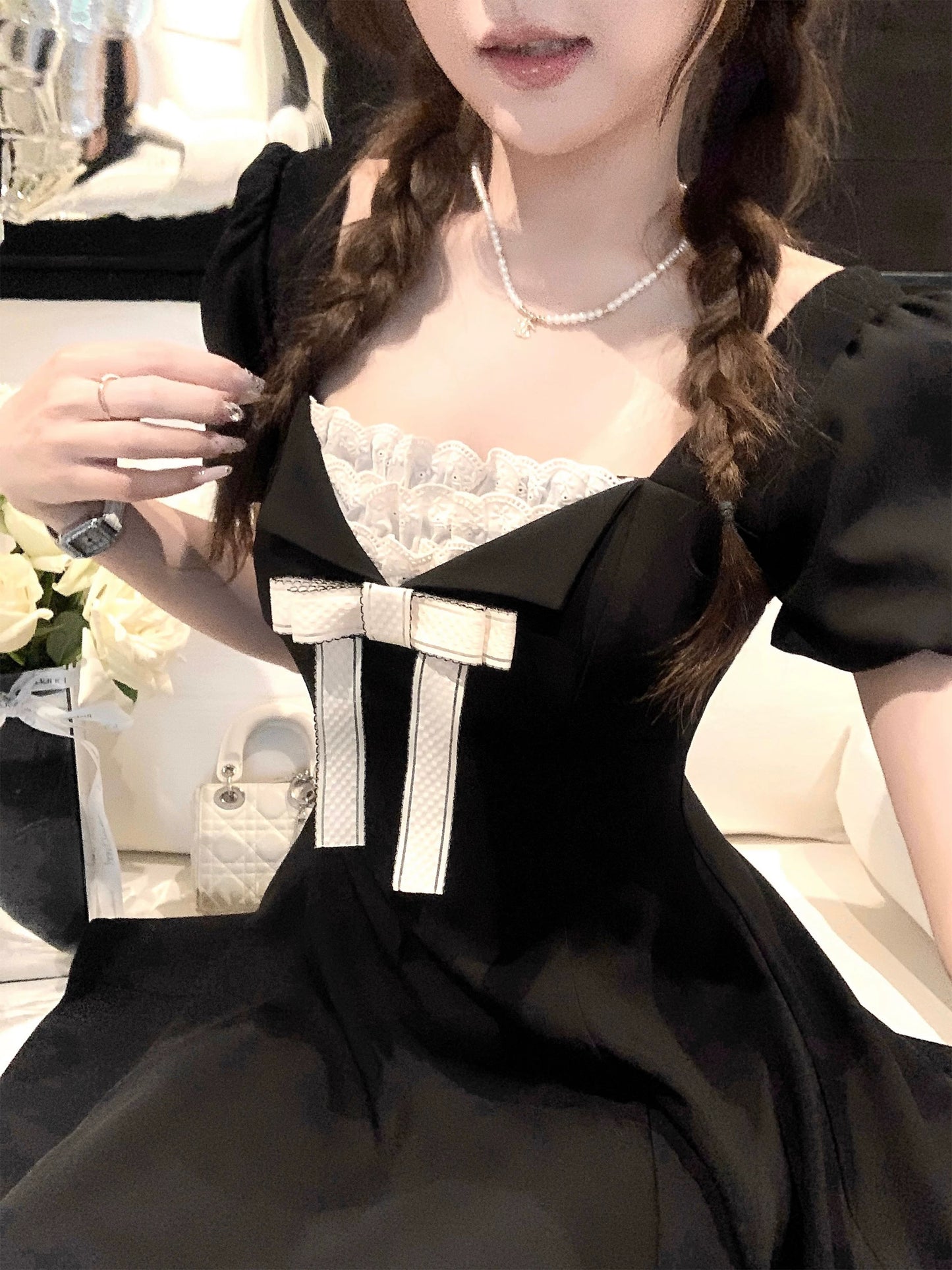 Q female home ancient new noble / miu series rich daughter feeling Hepburn style black dress female summer bow short skirt
