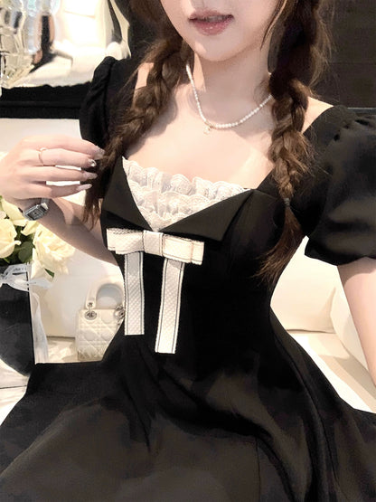 Q female home ancient new noble / miu series rich daughter feeling Hepburn style black dress female summer bow short skirt