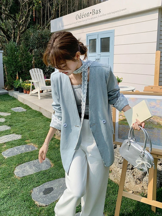 Lace stitching ribbon denim suit jacket women autumn 2025 new style super hot design niche v-neck suit