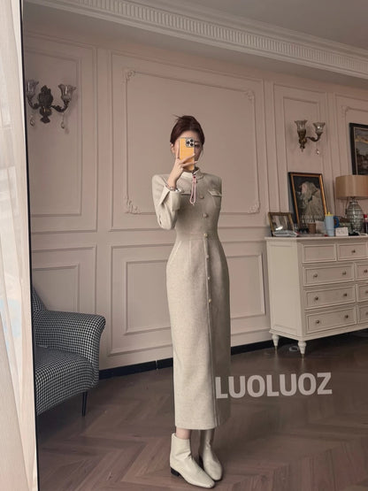 LUOLUOZ【Dust and Mist】Elegant Color-Blocked Stand Collar Waist-Slimming Long Dress JF107