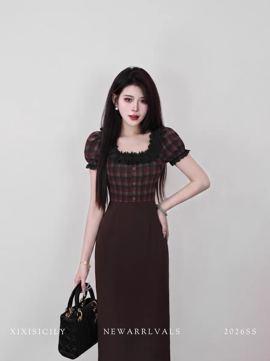 Sicily French Retro Plaid Patchwork Dress for Women, Summer, Square Neck, Slim Waist, Stunning Long Dress