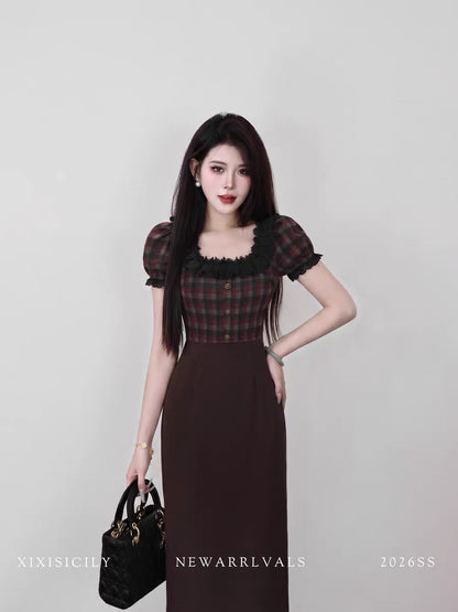 Sicily French Retro Plaid Patchwork Dress for Women, Summer, Square Neck, Slim Waist, Stunning Long Dress