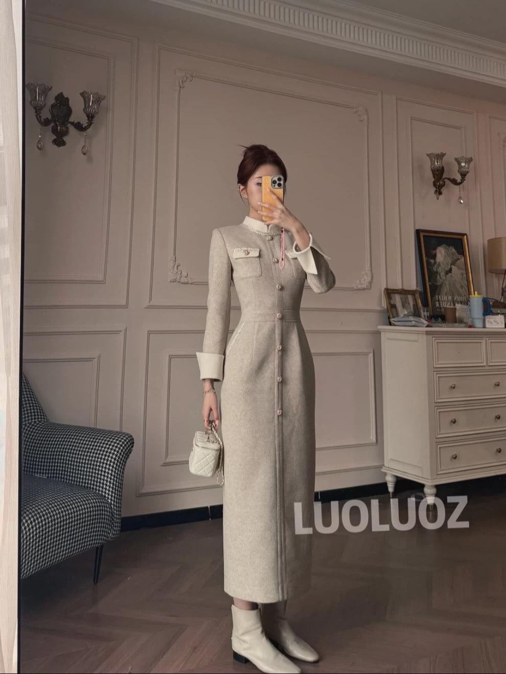 LUOLUOZ【Dust and Mist】Elegant Color-Blocked Stand Collar Waist-Slimming Long Dress JF107