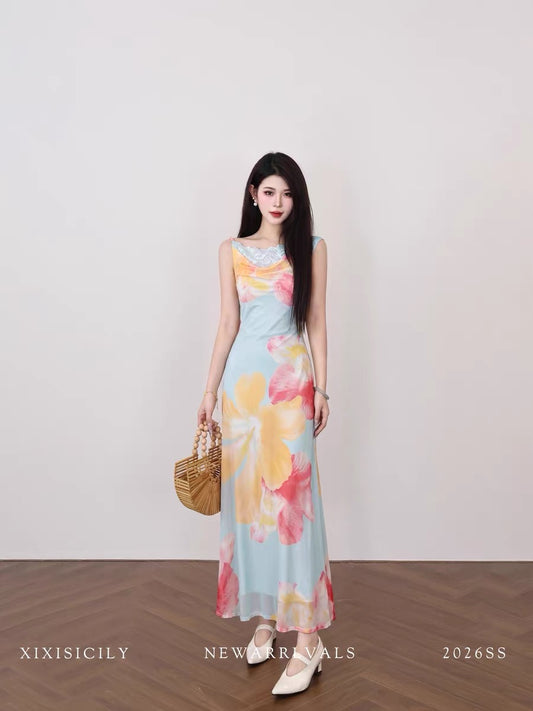 Sicily's French-style floral print summer dress with a fitted waist and belt, perfect for summer.