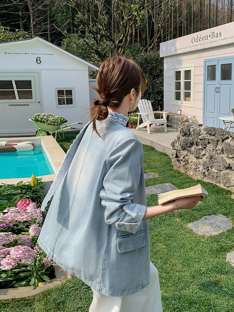 Lace stitching ribbon denim suit jacket women autumn 2025 new style super hot design niche v-neck suit
