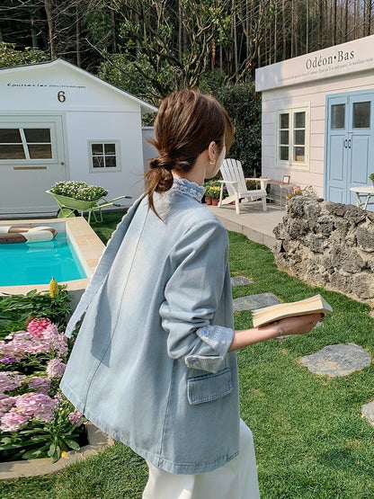 Lace stitching ribbon denim suit jacket women autumn 2025 new style super hot design niche v-neck suit