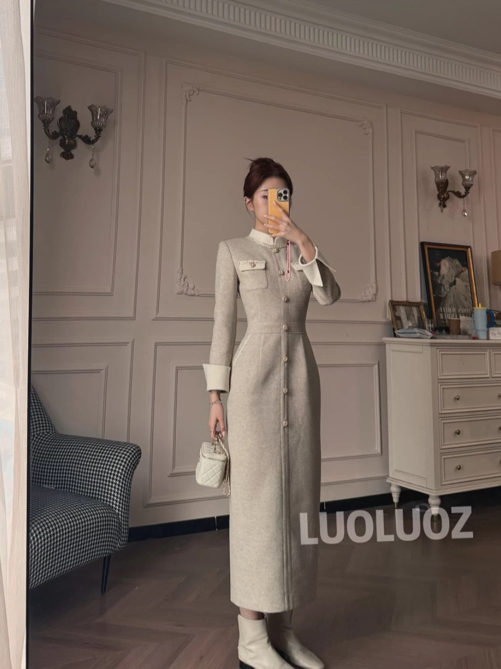 LUOLUOZ【Dust and Mist】Elegant Color-Blocked Stand Collar Waist-Slimming Long Dress JF107