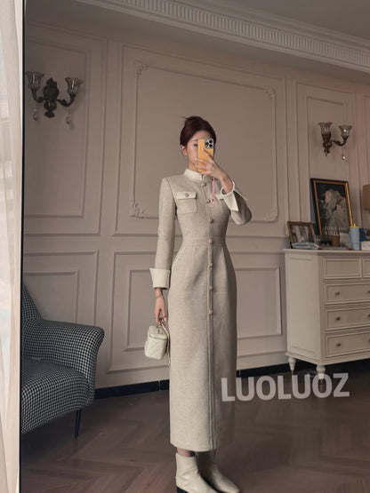 LUOLUOZ【Dust and Mist】Elegant Color-Blocked Stand Collar Waist-Slimming Long Dress JF107