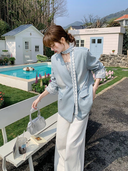 Lace stitching ribbon denim suit jacket women autumn 2025 new style super hot design niche v-neck suit
