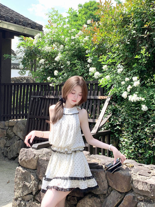 Q Girls' Home Su Li Xiao Hepburn/French Polka Dot Temperament Chiffon Halter Neck Top Rich Girl Little Dress Set