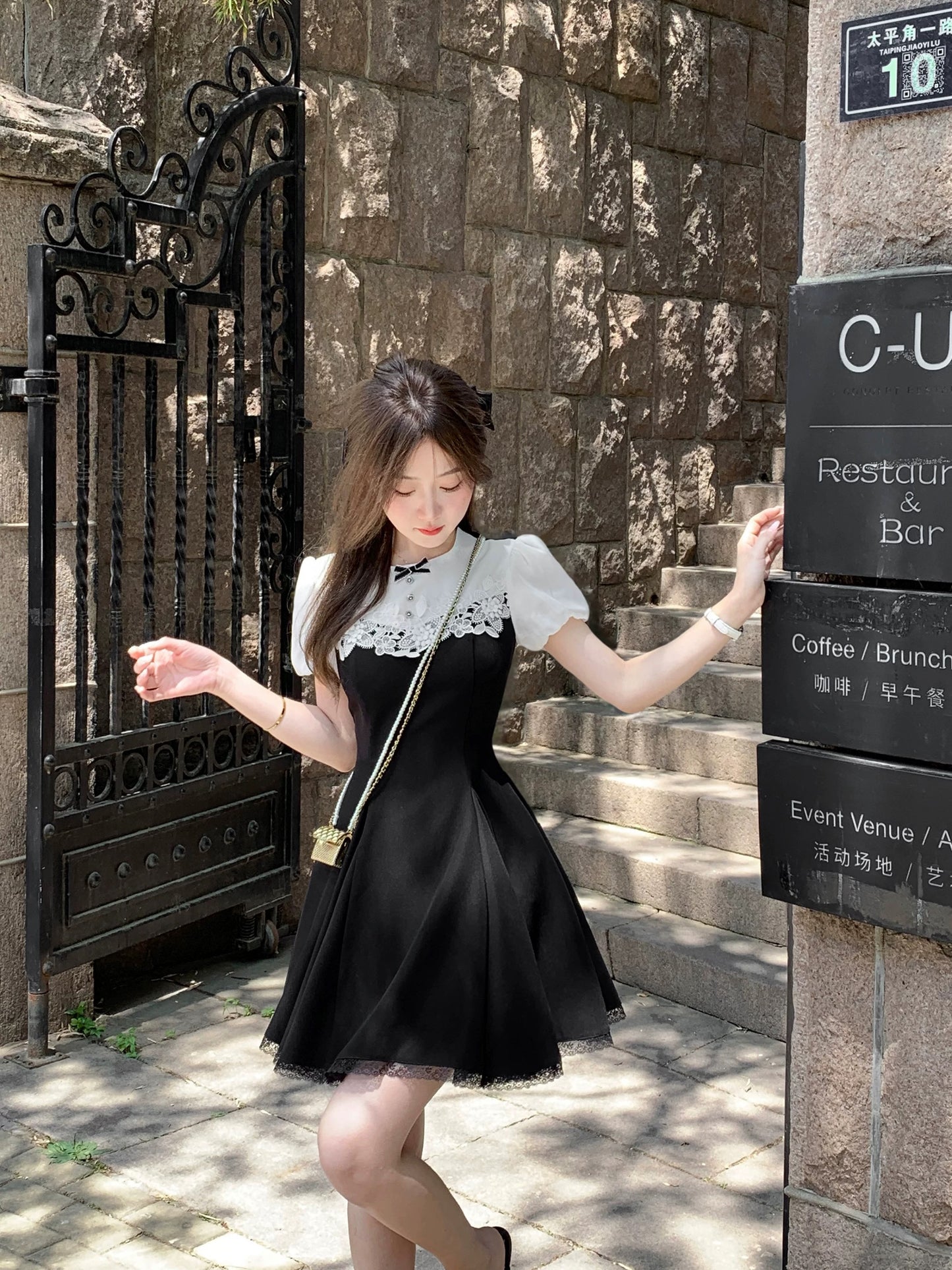 Q Girls' Home Miss Manli/MIU Series Rich Girl Dress Exquisite and Beautiful Waist Slimming Little Black Dress Summer