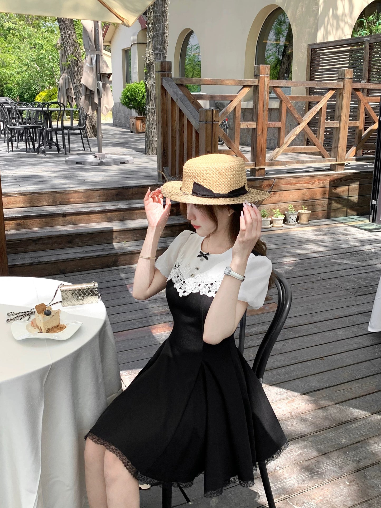 Q Girls' Home Miss Manli/MIU Series Rich Girl Dress Exquisite and Beautiful Waist Slimming Little Black Dress Summer