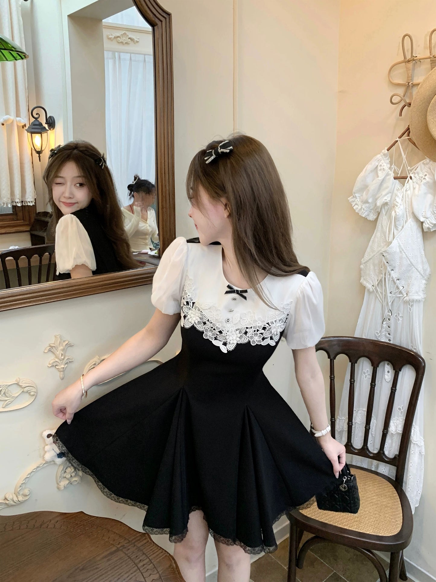 Q Girls' Home Miss Manli/MIU Series Rich Girl Dress Exquisite and Beautiful Waist Slimming Little Black Dress Summer