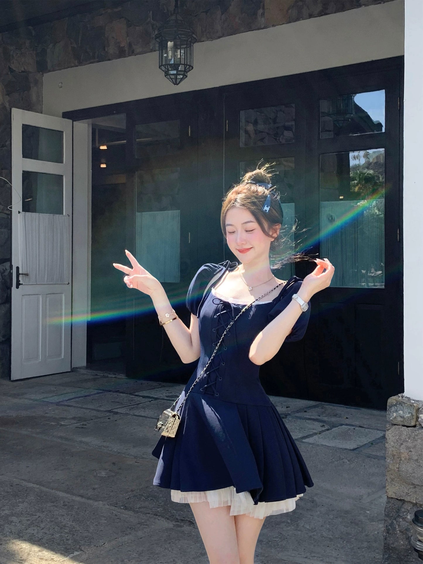 Q Girl's Home New Senior/Blue suspenders short sleeves can be detached and worn in two ways College style dress is slim and thin