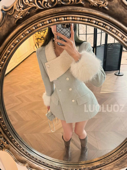 LUOLUOZ【Van Gogh's Dream】Elegant Color-Blocked Fur Collar and Shorts Two-Piece Set JF107