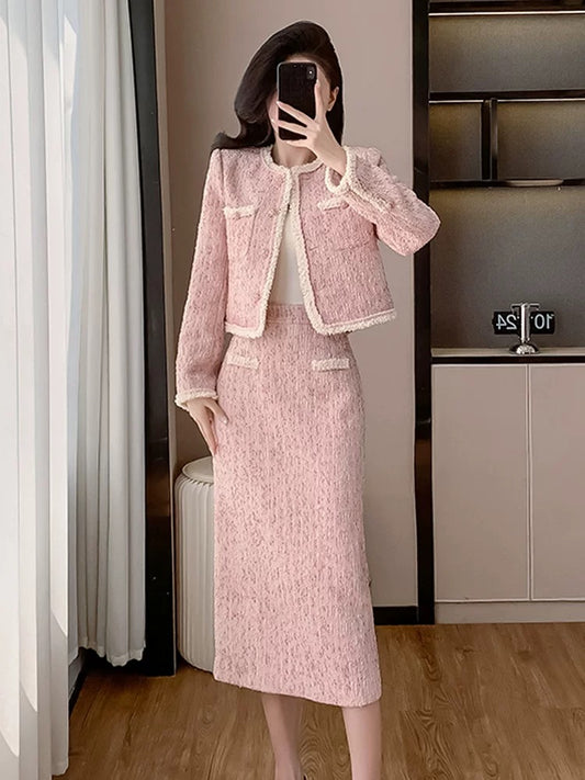 Pink small fragrance suit 2024 new winter cotton coat and long skirt two-piece set light luxury high-end feminine