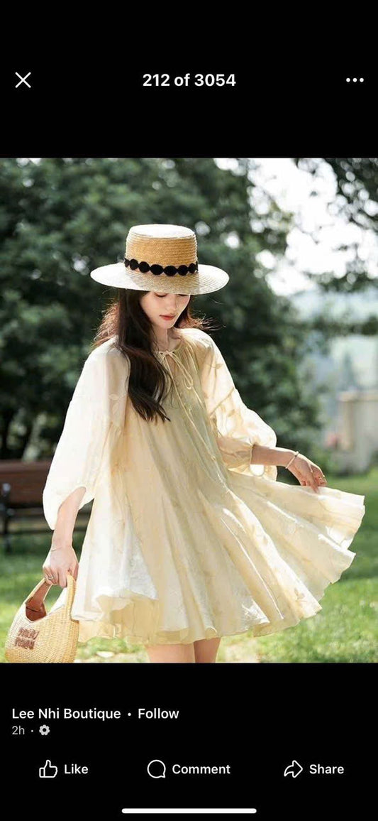 Plums are ripe, like a dream - Embroidered V-neck elegant waist-cinching dress, French babydoll style, new summer style for women.