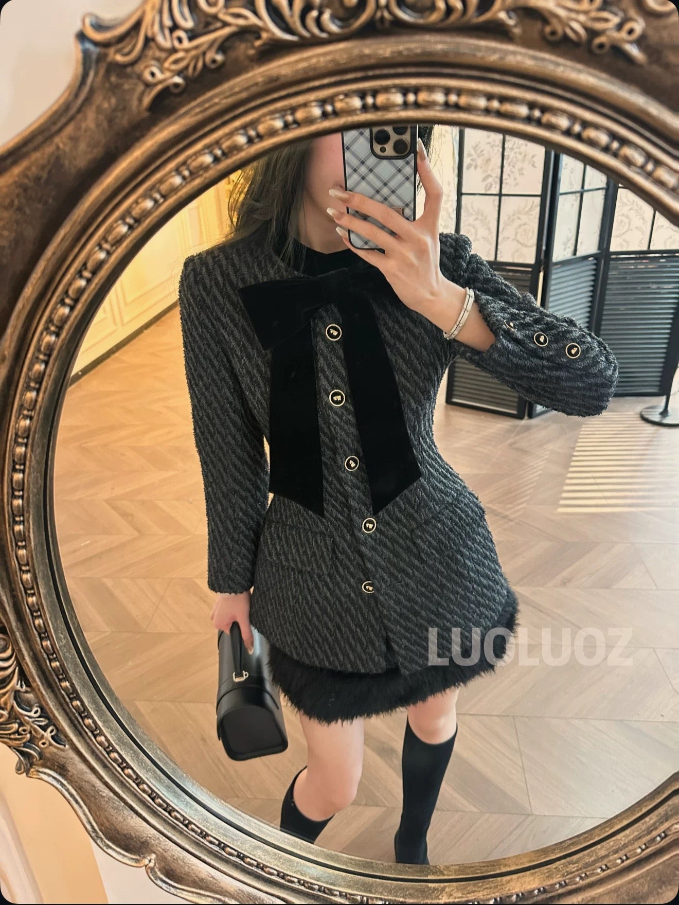 LUOLUOZ【Yunshengjian Valley】Sheep Wool Elegant Slim-Fit Fashion Coat + Mini Skirt Two-Piece Set JF1