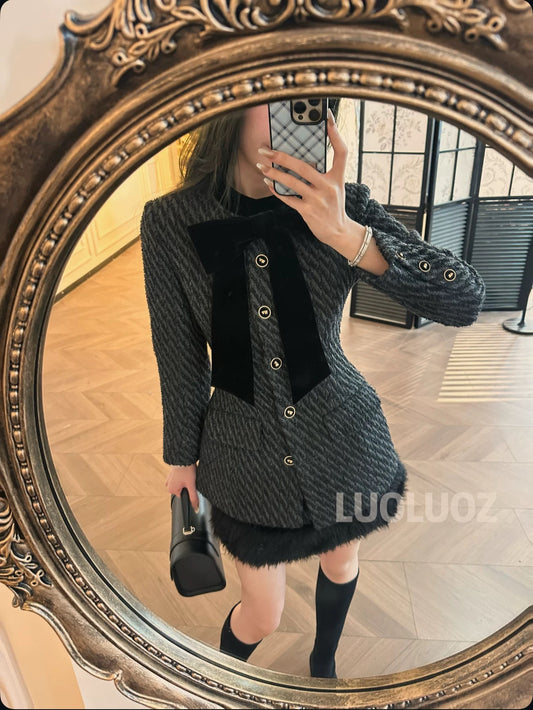 LUOLUOZ【Yunshengjian Valley】Sheep Wool Elegant Slim-Fit Fashion Coat + Mini Skirt Two-Piece Set JF1