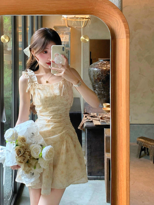 Q Women's Home First Peach Fragrance/French Romantic Yellow Floral Dress Women's Summer Small Beautiful Suspender Dress