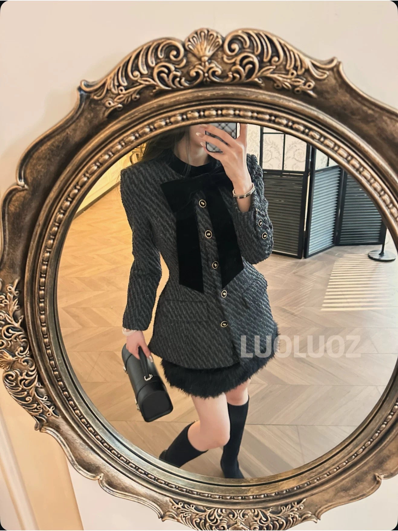 LUOLUOZ【Yunshengjian Valley】Sheep Wool Elegant Slim-Fit Fashion Coat + Mini Skirt Two-Piece Set JF1