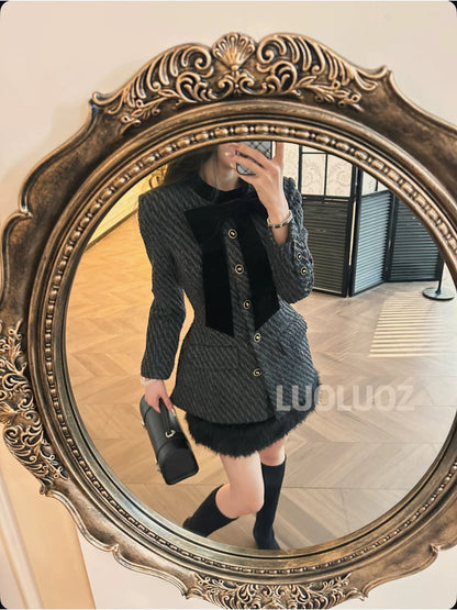 LUOLUOZ【Yunshengjian Valley】Sheep Wool Elegant Slim-Fit Fashion Coat + Mini Skirt Two-Piece Set JF1