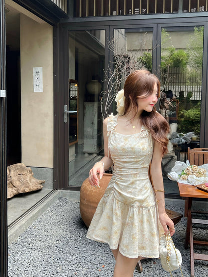 Q Women's Home First Peach Fragrance/French Romantic Yellow Floral Dress Women's Summer Small Beautiful Suspender Dress