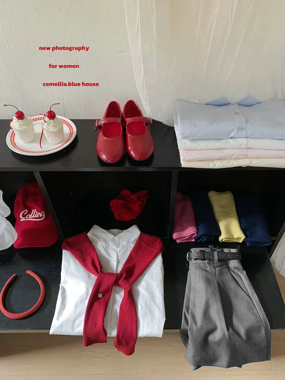 Stylish and eye-catching red color-blocked shirt with wool shawl, two-piece set for women, casual and versatile loose long-sleeved shirt for spring.