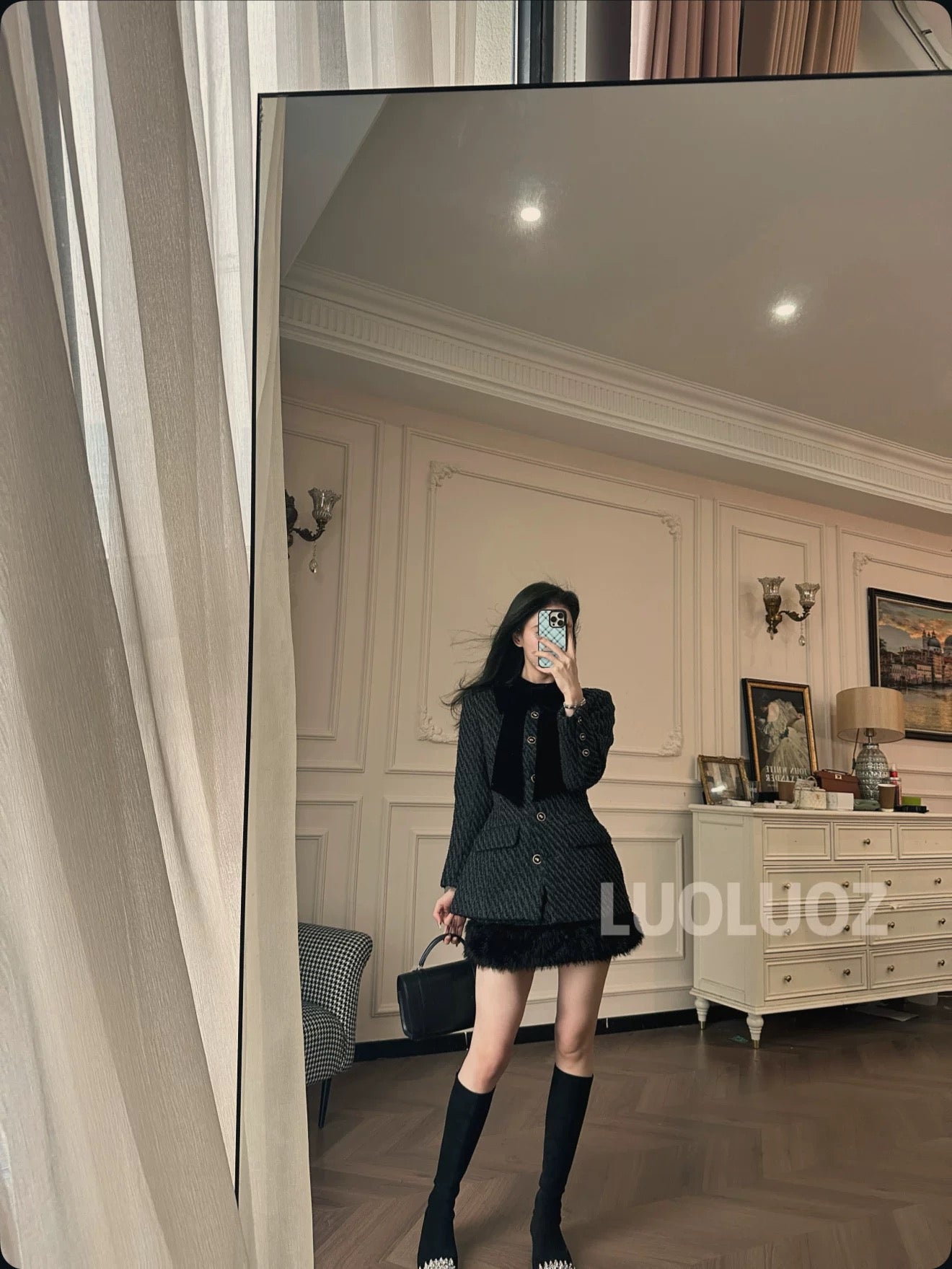 LUOLUOZ【Yunshengjian Valley】Sheep Wool Elegant Slim-Fit Fashion Coat + Mini Skirt Two-Piece Set JF1