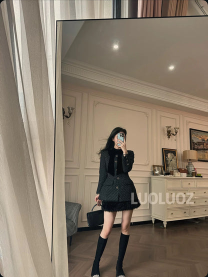 LUOLUOZ【Yunshengjian Valley】Sheep Wool Elegant Slim-Fit Fashion Coat + Mini Skirt Two-Piece Set JF1
