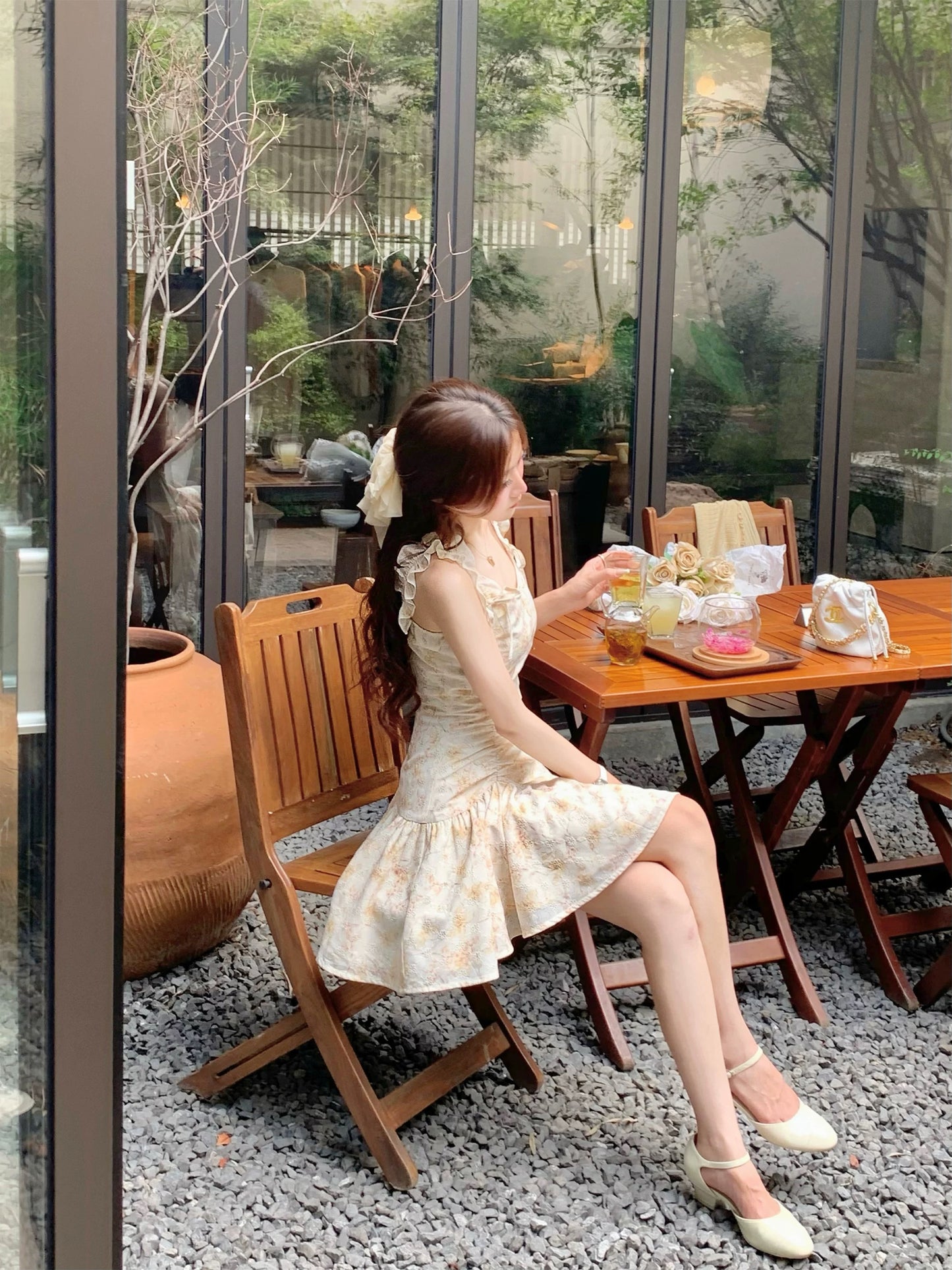 Q Women's Home First Peach Fragrance/French Romantic Yellow Floral Dress Women's Summer Small Beautiful Suspender Dress