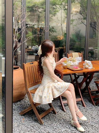 Q Women's Home First Peach Fragrance/French Romantic Yellow Floral Dress Women's Summer Small Beautiful Suspender Dress