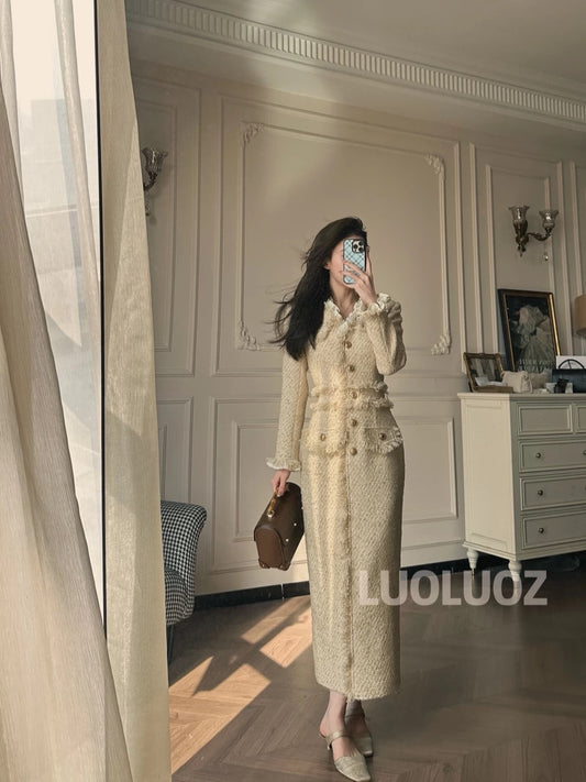 LUOLUOZ【Beiping Rendezvous】Elegant Long Dress with Fringe Trim and a Slim Waist JF105