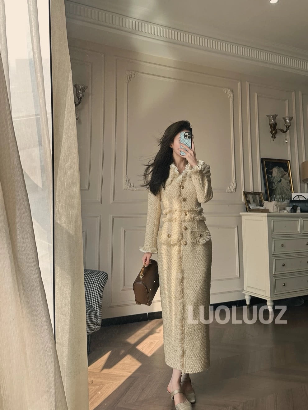 LUOLUOZ【Beiping Rendezvous】Elegant Long Dress with Fringe Trim and a Slim Waist JF105