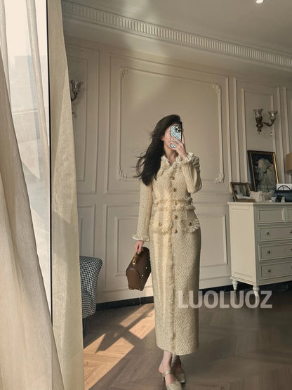 LUOLUOZ【Beiping Rendezvous】Elegant Long Dress with Fringe Trim and a Slim Waist JF105