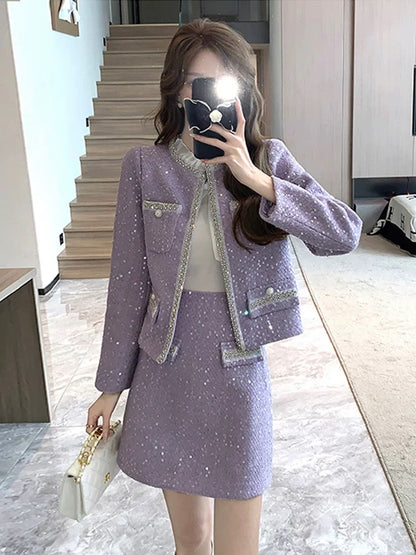 Street-breaking age-reducing fashion suit, elegant socialite heavy industry sequined small fragrance style jacket tweed skirt two-piece set