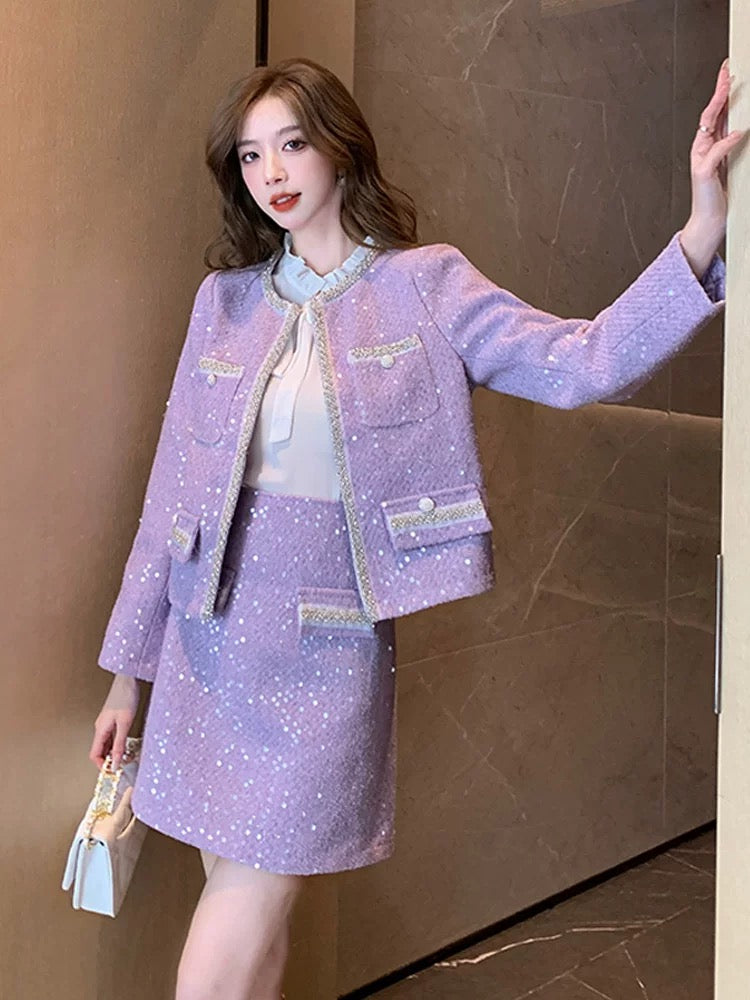 Street-breaking age-reducing fashion suit, elegant socialite heavy industry sequined small fragrance style jacket tweed skirt two-piece set