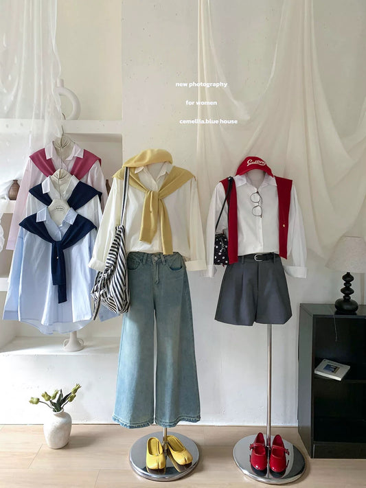 Stylish and eye-catching red color-blocked shirt with wool shawl, two-piece set for women, casual and versatile loose long-sleeved shirt for spring.