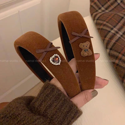 Maillard coffee color hairband ~ sparkling diamond heart + bear bow headband velvet retro French high crown hair accessory